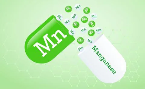 Manganese, trace element. Capsule with Mn element icon. Healing minerals. Med Stock Illustration