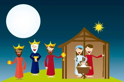 Manger with magi over ladscape night. vector Ilustração Stock