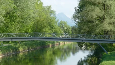 Mangfall, pedestrian bridge, state horticultural show area, Rosenheim Video stock 217353921