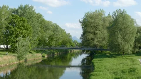 Mangfall, pedestrian bridge, state horticultural show area, Rosenheim, Upper Video stock 217353980