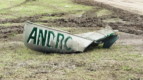 Mangled Aluminum Canoe on Flooded Land, Guadalupe River Kerrville Texas 2025 Stock Footage 312687699
