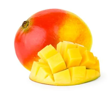 Mango and large cubes on a white background. Stock Photos