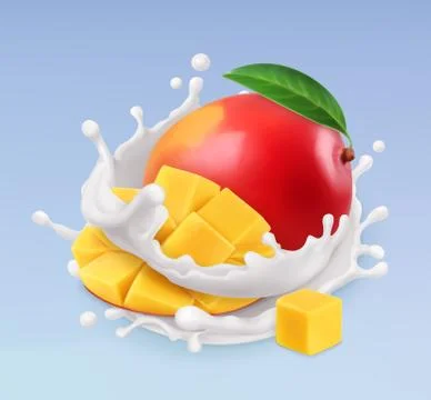 Mango and milk splash. Fruit and yogurt. Realistic illustration. 3d vector ic Stock Illustration