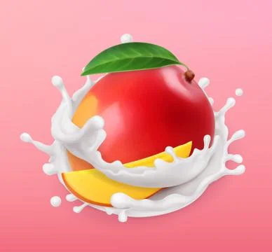 Mango and milk splash. Fruit and yogurt. 3d vector icon. Realistic illustrati Stock Illustration