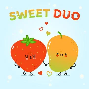 Mango and Strawberry card. Vector hand drawn doodle style cartoon character.. Stock Illustration