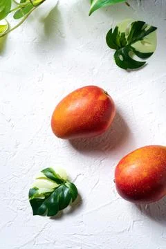 Mango background design concept. Top view Diced fresh mango fruit on white ta Stock Photos