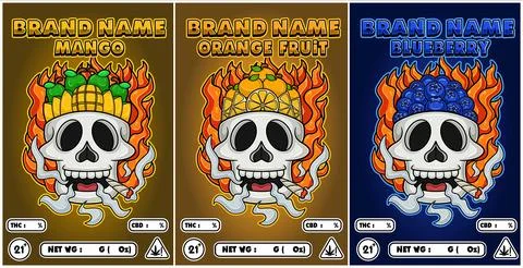 Mango, Blueberry and orange fruit Strains in Flaming Skull Head and Smoking.. Stock Illustration