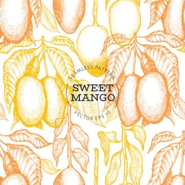 Mango branches seamless pattern. Hand drawn vector tropic fruit illustration. Stock Illustration
