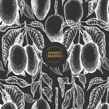 Mango branches seamless pattern. Hand drawn vector tropic fruit illustration  Stock Illustration