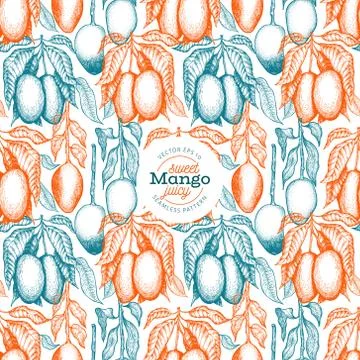 Mango branches seamless pattern. Hand drawn vector tropic fruit illustration. Stock Illustration