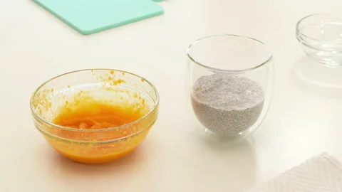 Mango Chia seed layered pudding smoothie close up  Stock Footage 133263224