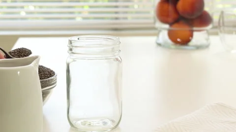 Mango Chia seed layered pudding smoothie close up recipe Stock Footage 133263554