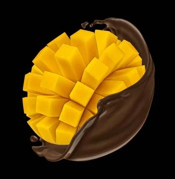 Mango in chocolate splash on black background Mango in chocolate splash is... Stock Photos