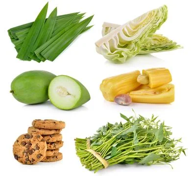 Mango, cookie, jack fruit, cabbage, morning glory, pandan on white background Stock Photos