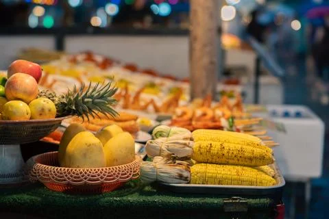 Mango corn pineapple and other vegetables at the Thai traditional night mar.. Stock Photos
