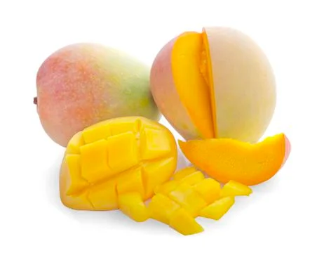Mango cubes and mango slices. Isolated on a white background. Foto stock