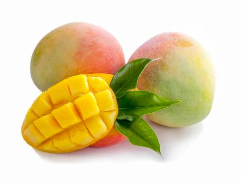 Mango cubes and slices. Isolated on a white background. Stock Photos