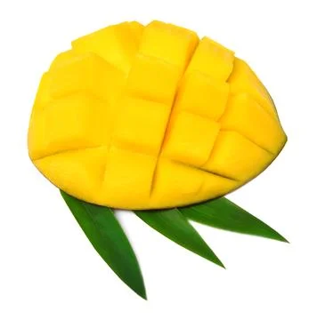 Mango cubes with leaves isolated on white background 스톡 사진