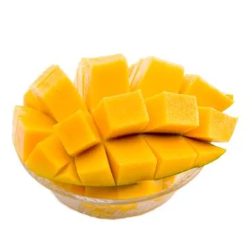 Mango cubes / slices close up isolated on white / macro Foto stock