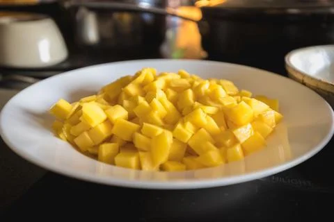Mango cut into cubes in a white plate on a kitchen Stock Photos