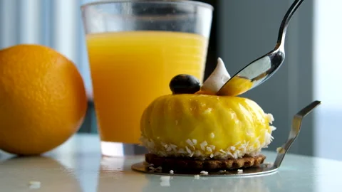 Mango dessert with orange Piece of Mango-creamy cake. Stock Footage 295063452