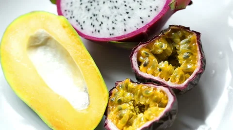 Mango, dragon fruit and passionfruit Stock Footage 67675507
