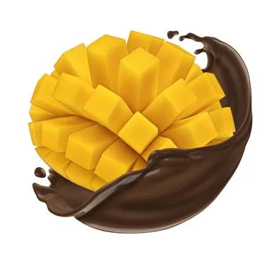Mango falling into chocolate splash isolated on white background Mango fal... Stock Photos