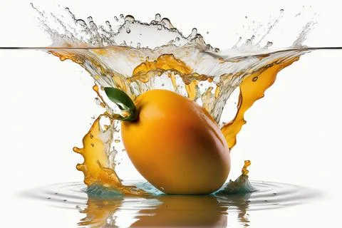 Mango falling into deep clear water Stock Photos