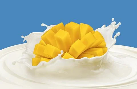 Mango falling into milk splash isolated on color background Stock-Fotos
