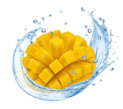 Mango falling into water splash isolated on white background Stock Photos