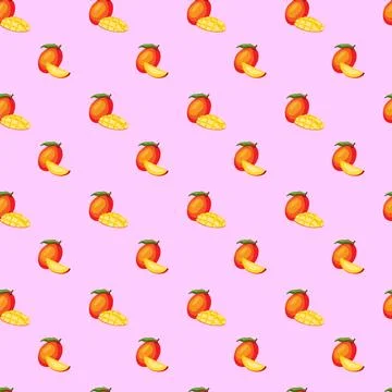 Mango flat seamless pattern on pink background. Stock Illustration