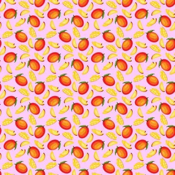 Mango flat seamless pattern on pink background. Stock Illustration