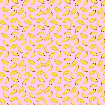 Mango flat seamless pattern on pink background. Stock Illustration