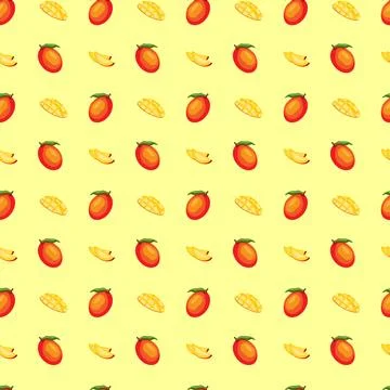 Mango flat seamless pattern on yellow background. Stock Illustration