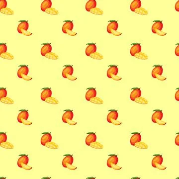 Mango flat seamless pattern on yellow background. Stock Illustration