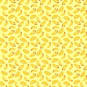 Mango flat seamless pattern on yellow background. Stock Illustration