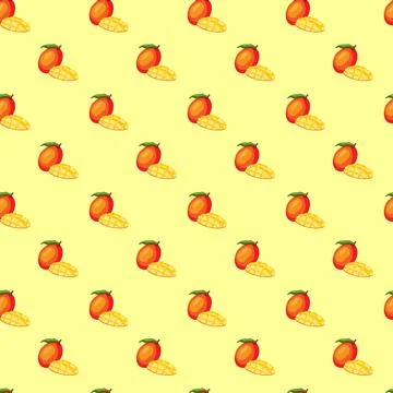 Mango flat seamless pattern on yellow background. Stock Illustration