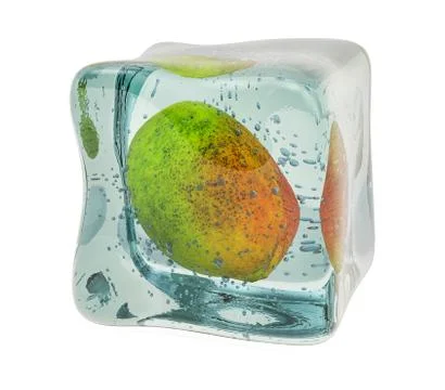 Mango frozen in ice cube, 3D rendering 스톡 일러스트
