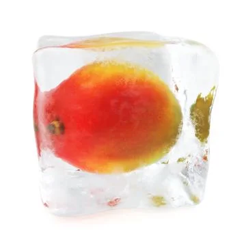 Mango frozen in ice cube, ice cube in front view, single ice cube isolated on 스톡 일러스트