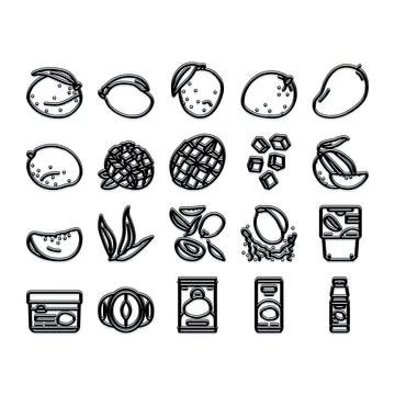 Mango fruit and product line art icons Stock Illustration