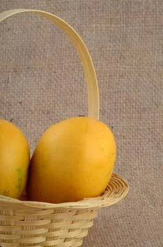 Mango fruit in basket on sack cloth background Stock Photos