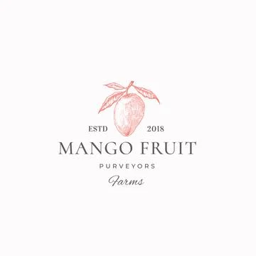 Mango Fruit Farms Abstract Vector Sign, Symbol or Logo Template. Hand Drawn Stock Illustration