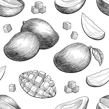 Mango fruit graphic black white seamless pattern sketch illustration vector Stock Illustration