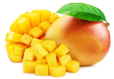 Mango fruit with green leaf and mango cut in hedgehog style isolated on whi.. Stock Photos
