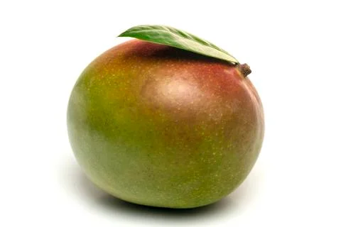Mango fruit with green leaf isolated on white background Stock Photos
