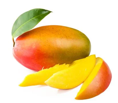 Mango fruit with green leave isolated on white background Stock Photos