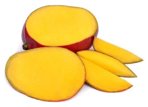 Mango fruit half and slices isolated on white background Stock Photos