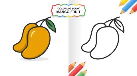Mango fruit hand drawn coloring book for learning. Flat color ready to print Stock Illustration