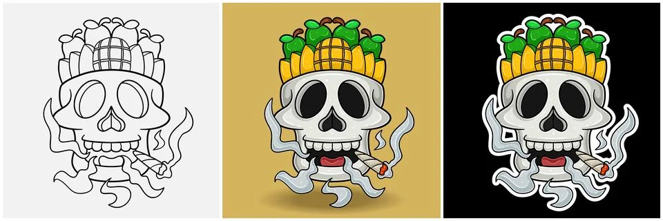 Mango Fruit Inside Skull Head With Smoking Character Cartoon. Black White, .. Stock Illustration