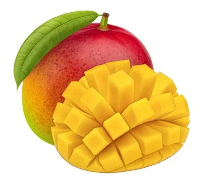 Mango fruit isolated on white background Mango fruit with mango cubes and ... Stock Photos